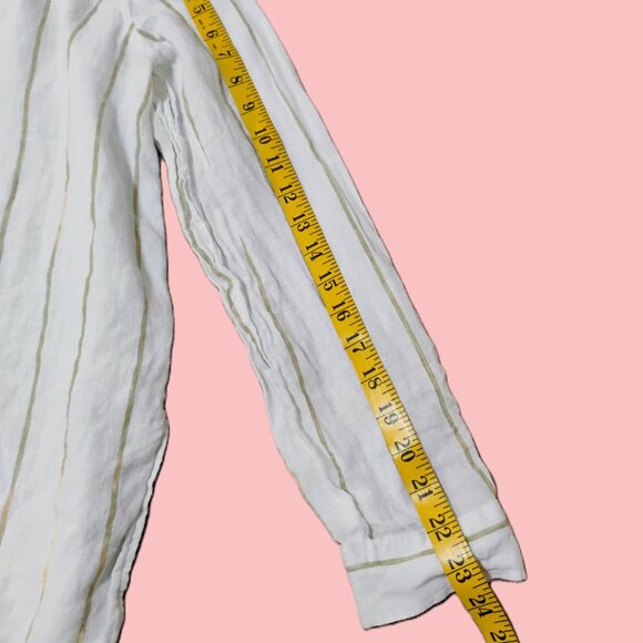 Sigrid Olsen 100% linen striped blouse features long sleeves turn-up sleeves L - Picture 7 of 9